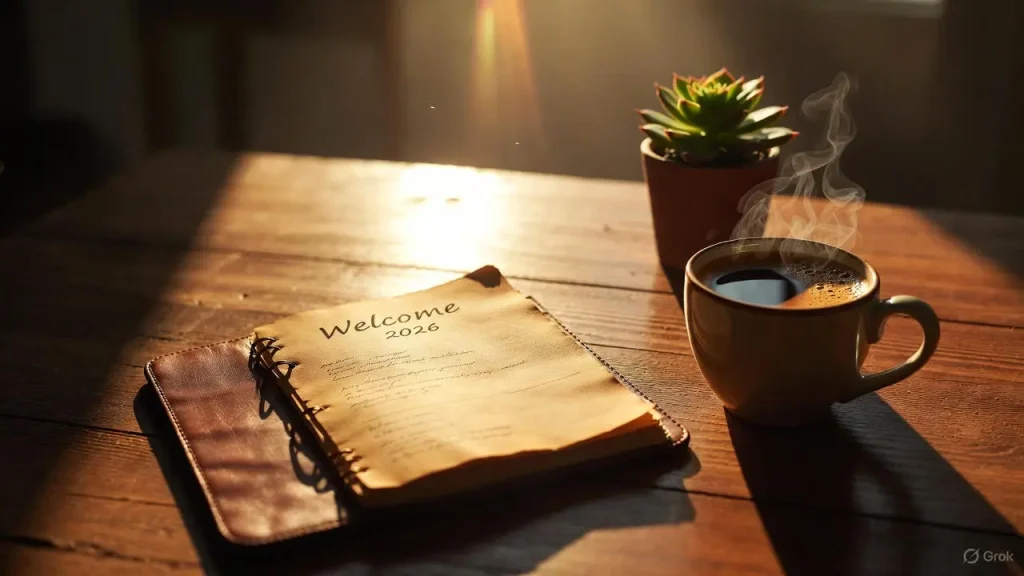 Open journal on a desk with text Welcome 2026, coffee, and sunlight representing new year goals.