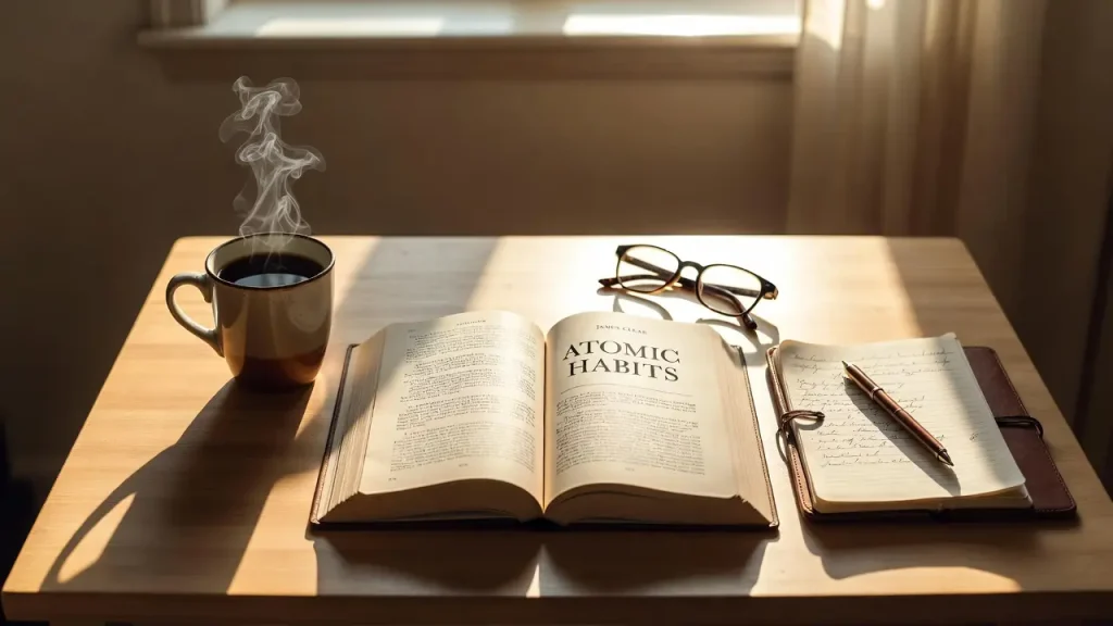 Open book Atomic Habits on a desk with coffee and journal, representing lessons from Atomic Habits.
