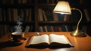 A cozy evening journal ritual setup with a notebook, tea, and warm lighting.