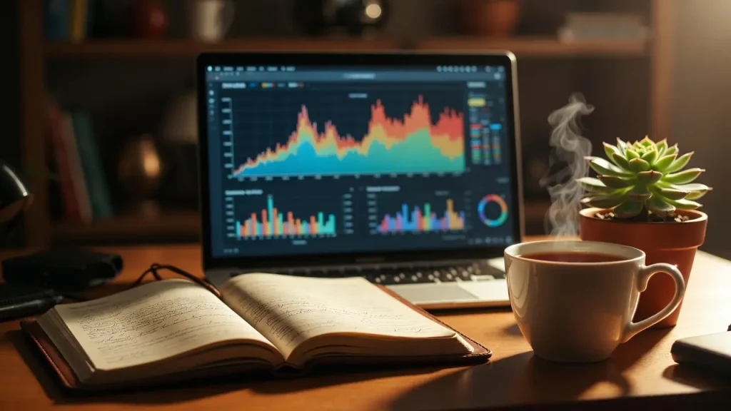 A cozy home office desk setup with a journal and laptop, illustrating how to start a side hustle from home.