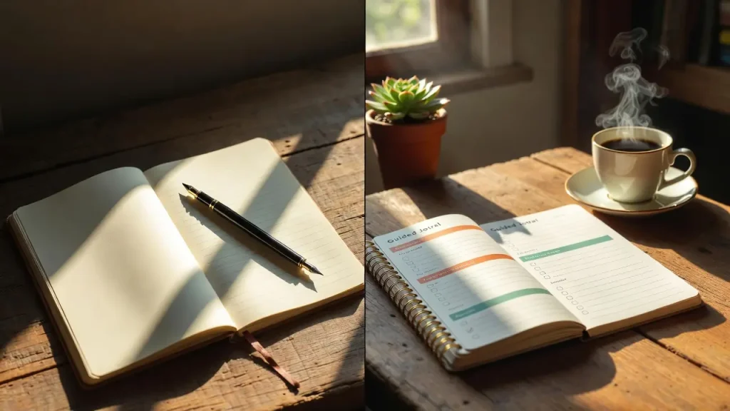 Daily journal vs guided journal comparison on a wooden desk.