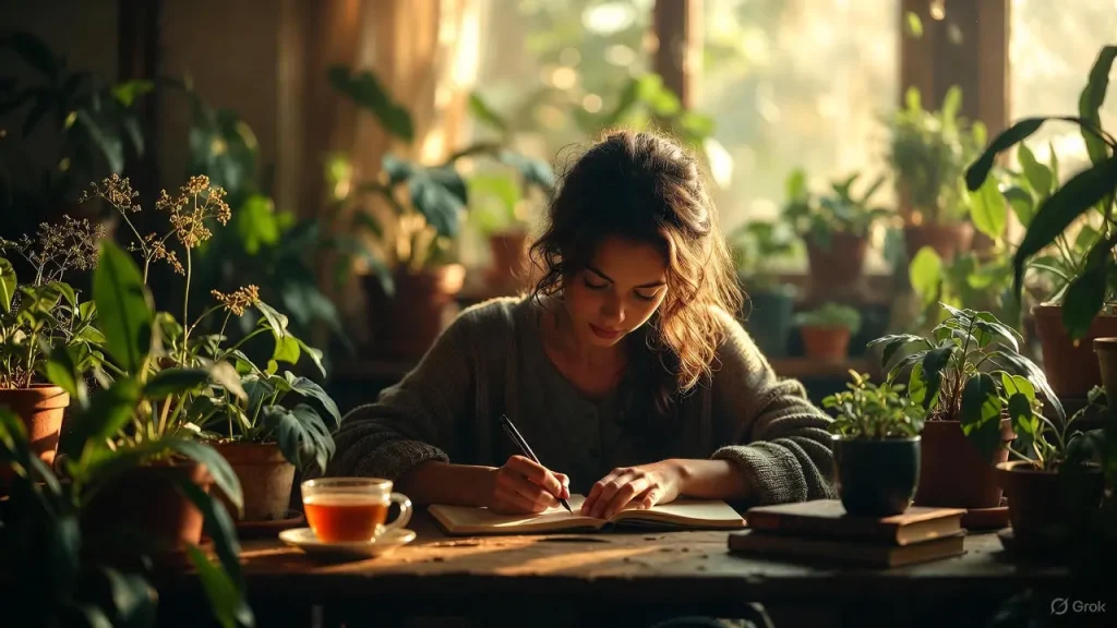 A person engaging in deep work vs shallow work by writing in a journal in a distraction-free environment.