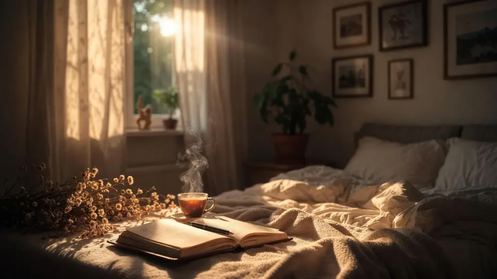 journal prompts for gratitude in cozy evening journaling setup