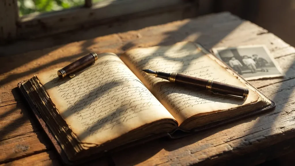 A leather-bound Family Legacy Journal on a wooden table with a vintage photo and fountain pen.