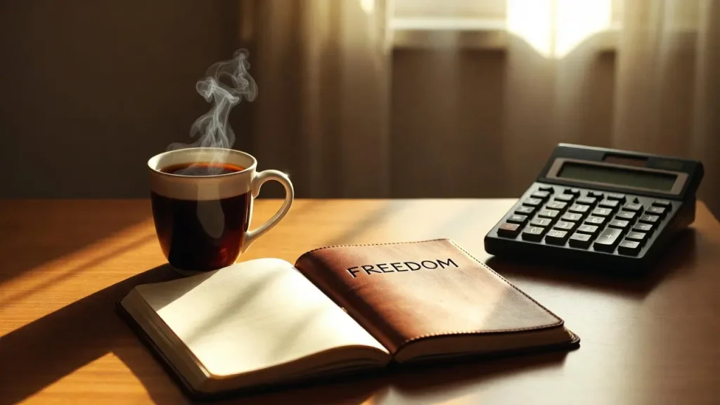 50/30/20 rule budgeting notebook on a cozy desk with coffee.