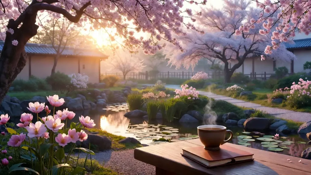 Ikigai concept represented by a peaceful Japanese garden with tea and a journal.