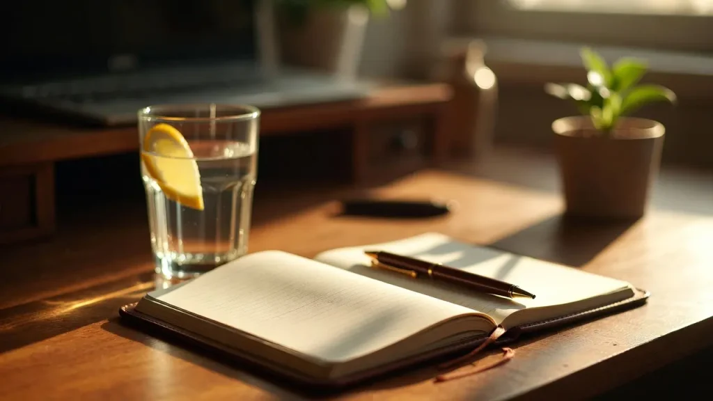Journal and glass of water representing micro-habits to transform your life.