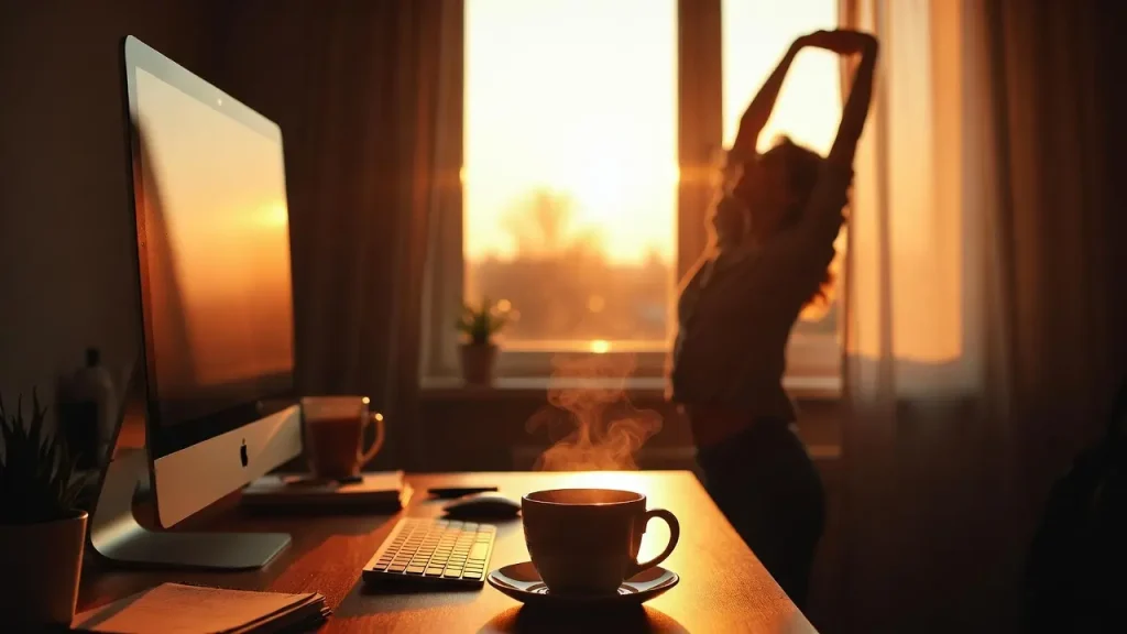 A person stretching in a cozy home office overcoming remote work fatigue.