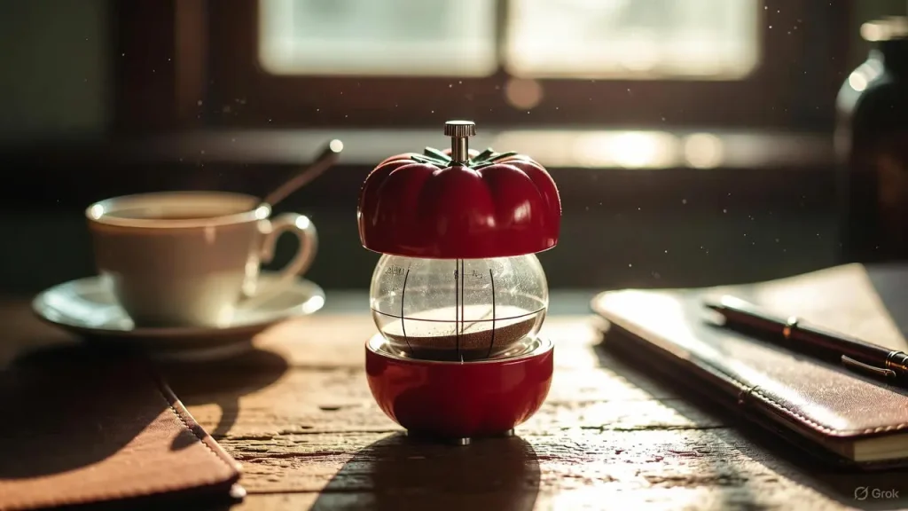 Vintage tomato timer for the Pomodoro Technique on a wooden desk.