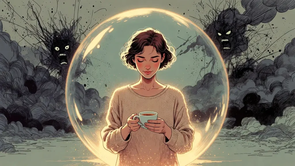 A calm woman protected by a boundary bubble learning how to deal with toxic people.