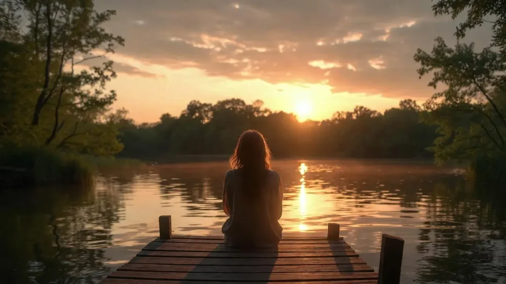 A person enjoying the power of solitude by a peaceful lake at sunrise.
