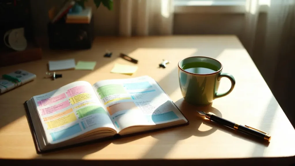 Aesthetic desk setup with a time blocking planner and tea.