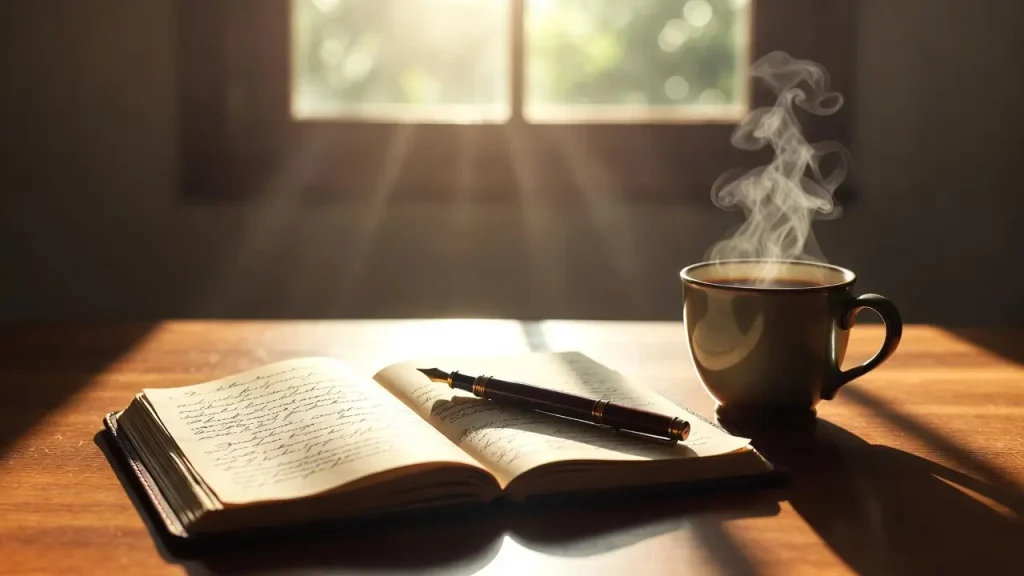 Open journal with fountain pen and coffee, representing Morning Pages questions for a purposeful day.